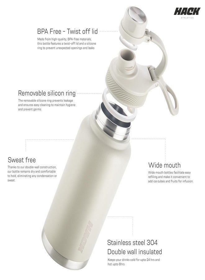 Hack Athletics Hydra Premium Stainless Steel Insulated Water Bottle for Gym, School, Home, Office, Water Bottle for Men, Women, Girls & Boys, BPA Free Material 100% Leakproof | 950ML (Cream) - Image 5